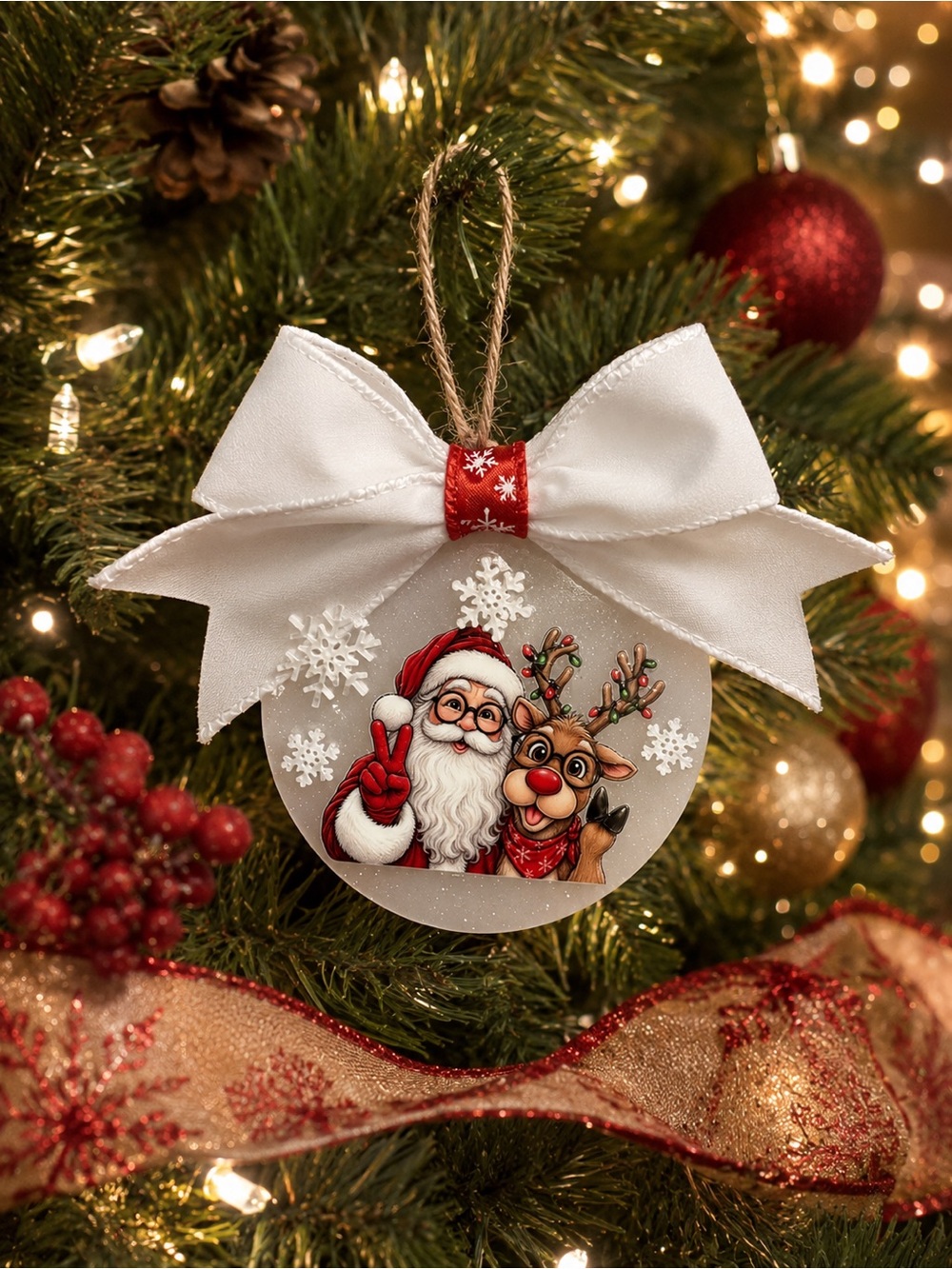 Holiday Santa & Reindeer Ornament with White Bow